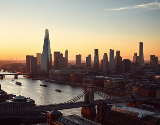 London skyline at sunset representing UK economic growth in Q2 2025