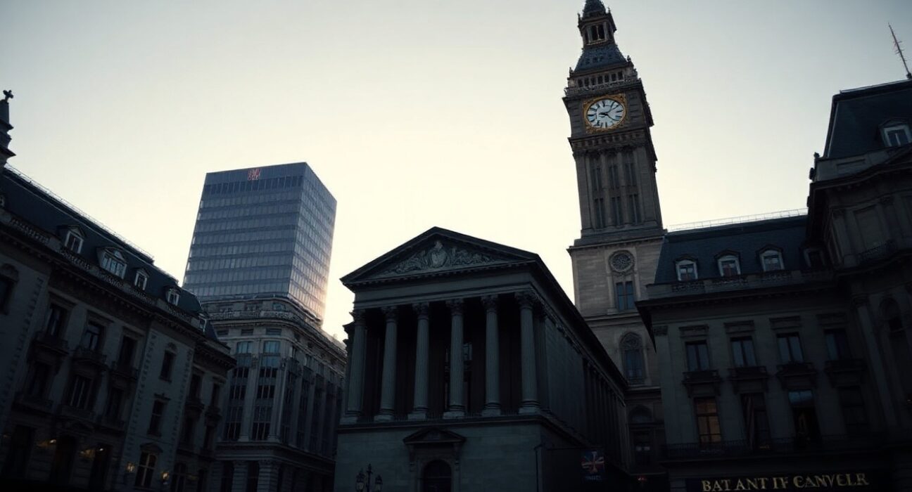 Bank of England building in London's financial district on a clear day