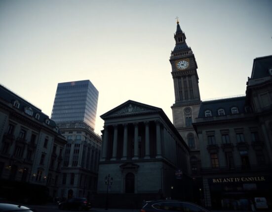 Bank of England building in London's financial district on a clear day