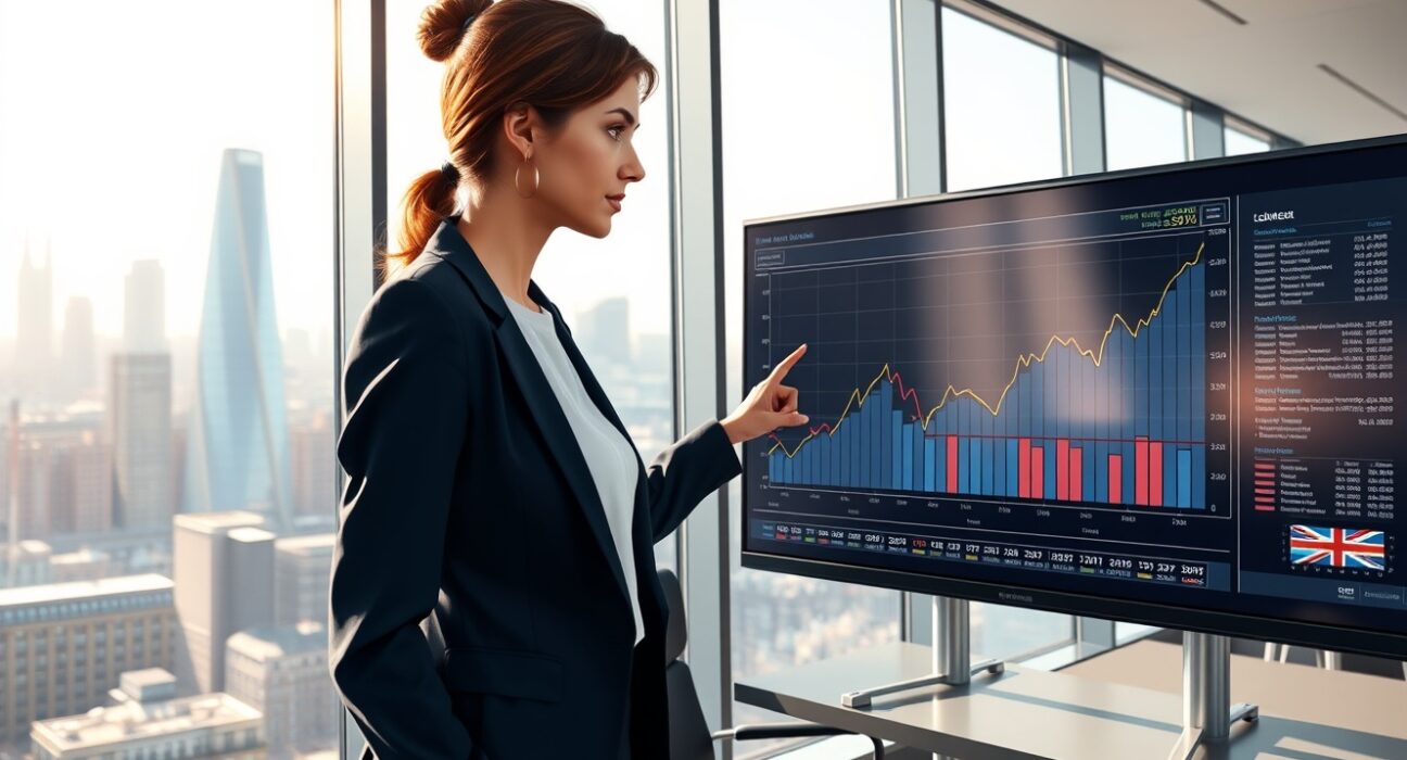Economist analyzing UK GDP growth charts in Deutsche Bank's London office for 2025 economic outlook