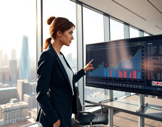 Economist analyzing UK GDP growth charts in Deutsche Bank's London office for 2025 economic outlook