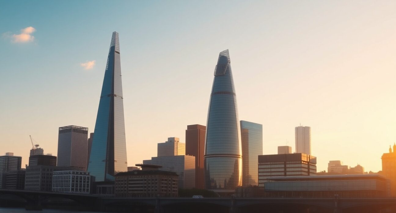 London skyline at sunrise with financial district buildings