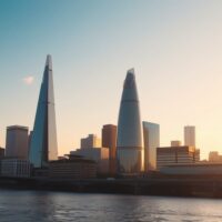 London skyline at sunrise with financial district buildings