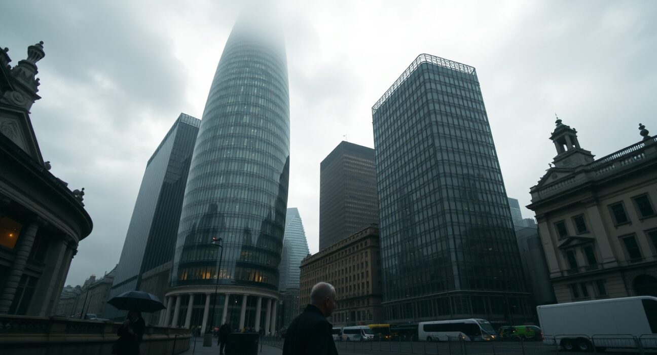 City of London financial district under cloudy skies, reflecting subdued UK economic growth data.