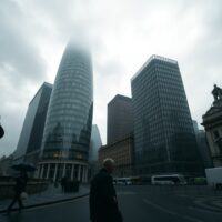 City of London financial district under cloudy skies, reflecting subdued UK economic growth data.