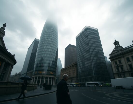 City of London financial district under cloudy skies, reflecting subdued UK economic growth data.