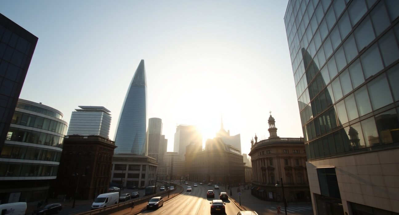 City of London skyline at sunrise, representing UK economic growth and outlook.