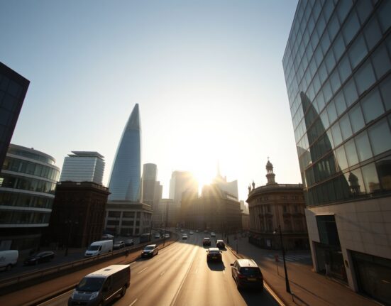 City of London skyline at sunrise, representing UK economic growth and outlook.