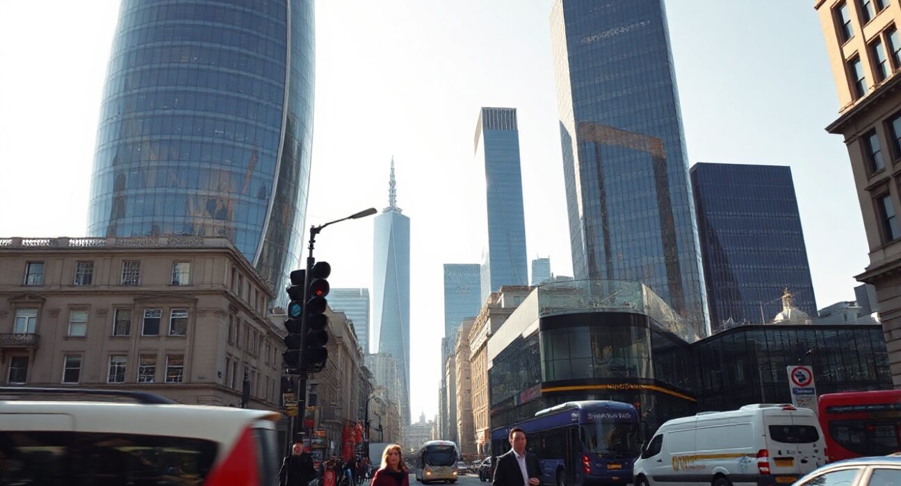City of London financial district skyline under clear sky, representing UK economic growth in Q2 2026.