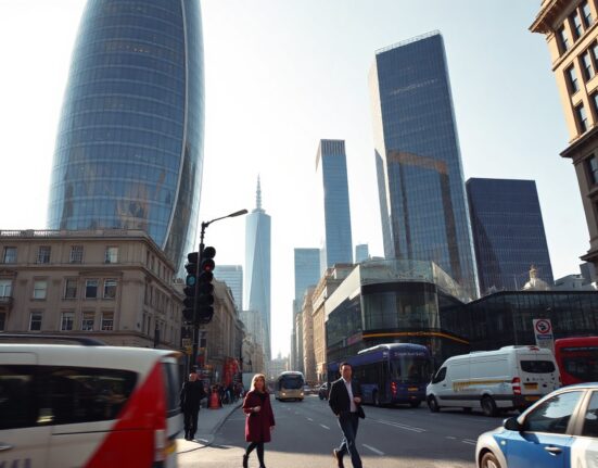 City of London financial district skyline under clear sky, representing UK economic growth in Q2 2026.