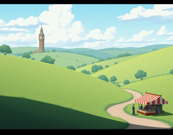 Symbolic Studio Ghibli style illustration representing slowing UK GDP growth and economic uncertainty in Q4 2024.