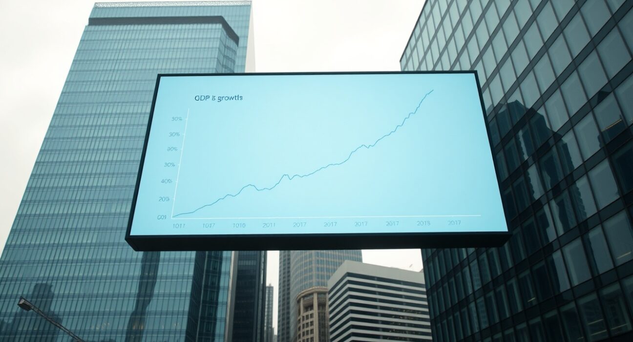 London financial district with a digital display showing a GDP growth chart, representing UK economic analysis.