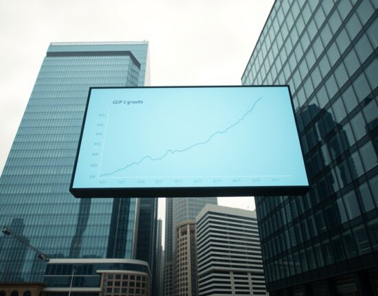 London financial district with a digital display showing a GDP growth chart, representing UK economic analysis.