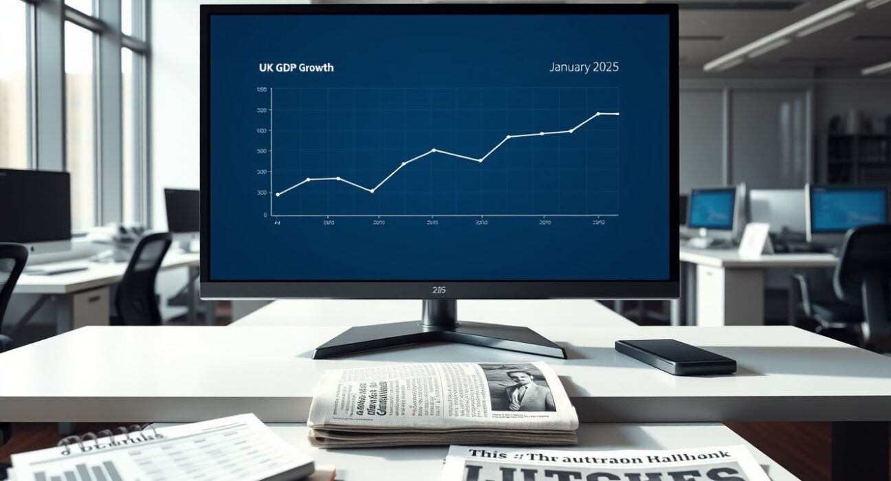 Economic dashboard showing UK GDP growth stagnation at 0% for January 2025.