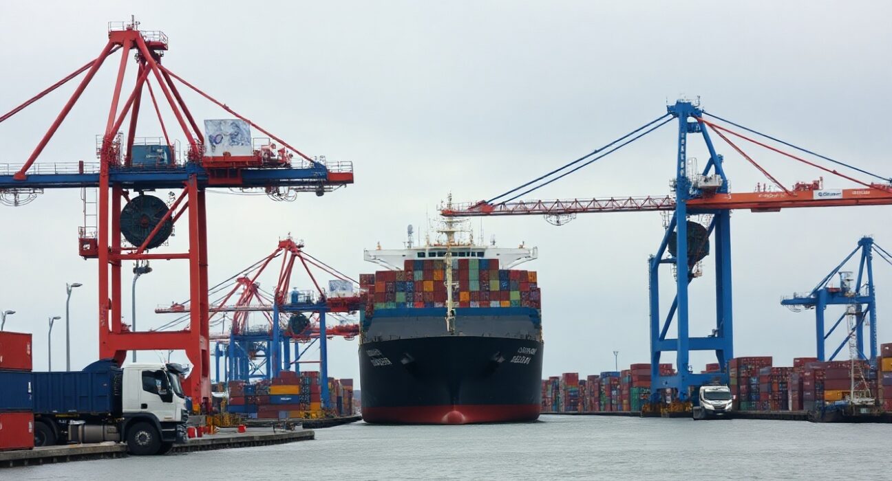 Container port in the UK, symbolizing trade activity, on a cloudy day