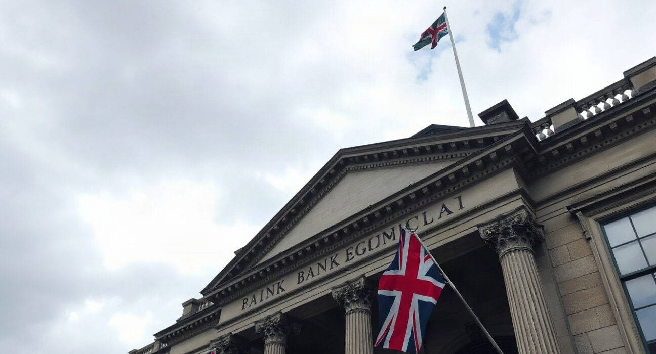 Bank of England building in London on a cloudy day, symbolizing UK economic uncertainty.