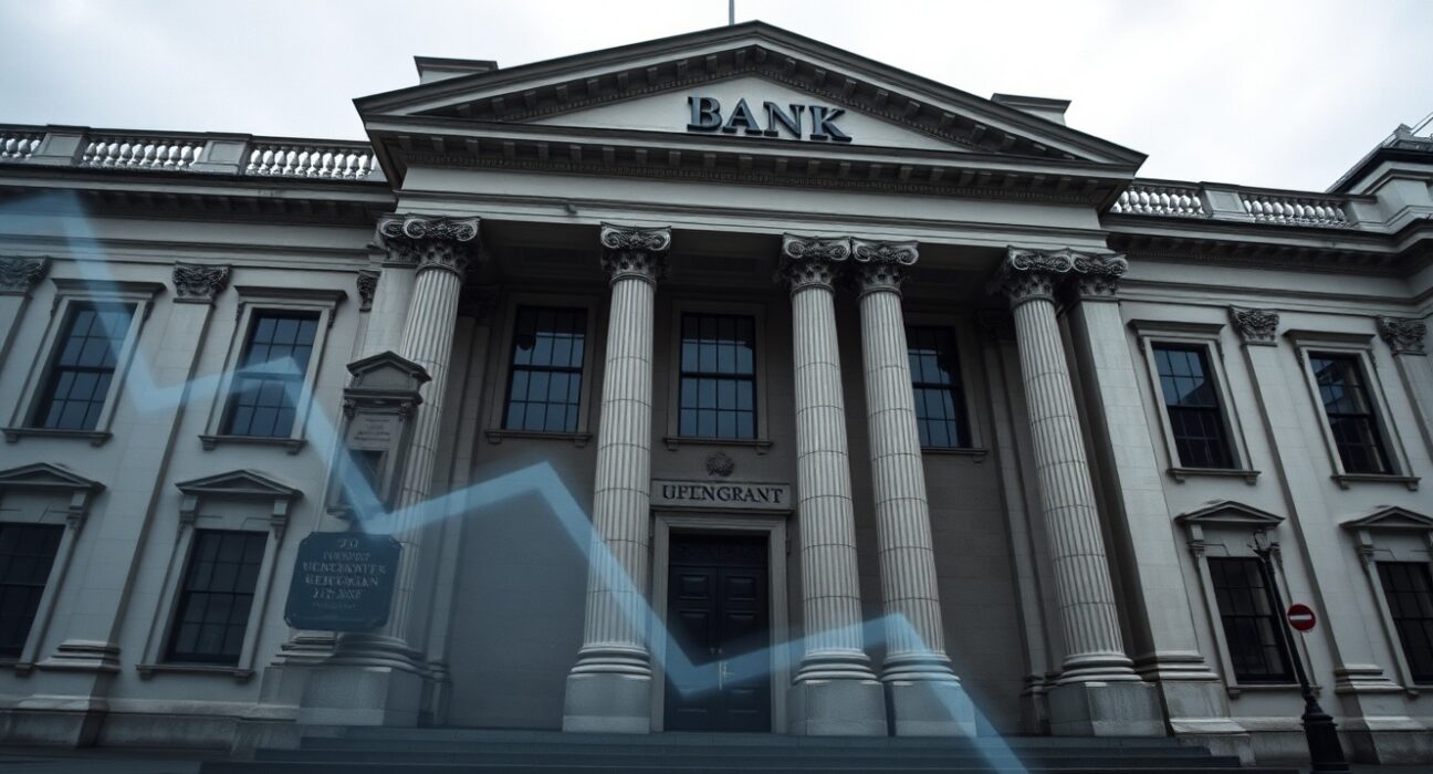 Bank of England building under overcast sky, representing UK economic uncertainty and war shock impact on growth.