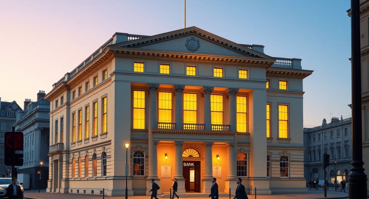 Bank of England building representing UK monetary policy decisions and economic analysis