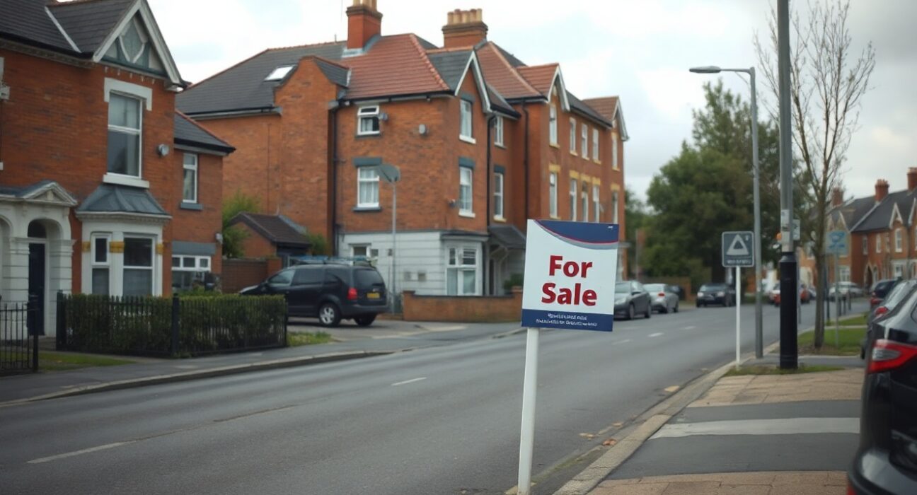 UK residential street with a For Sale sign in front of a terraced house, representing the housing market.