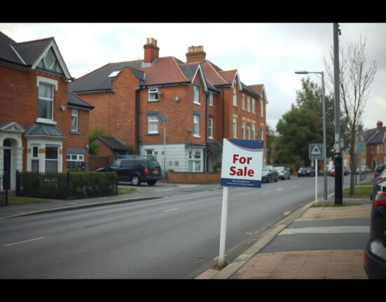 UK residential street with a For Sale sign in front of a terraced house, representing the housing market.