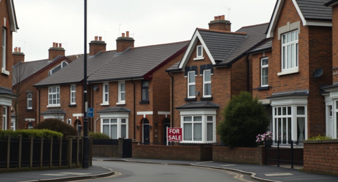 UK residential street with 'For Sale' sign under overcast sky, representing the housing market slowdown.