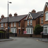 UK residential street with 'For Sale' sign under overcast sky, representing the housing market slowdown.