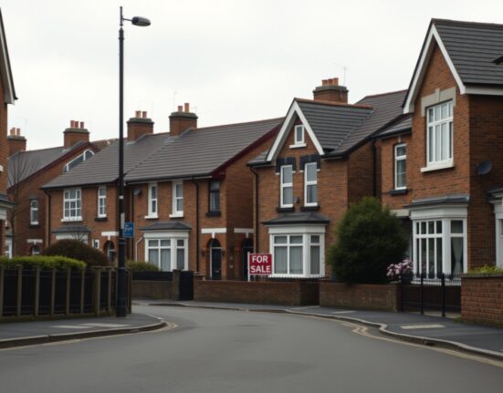 UK residential street with 'For Sale' sign under overcast sky, representing the housing market slowdown.