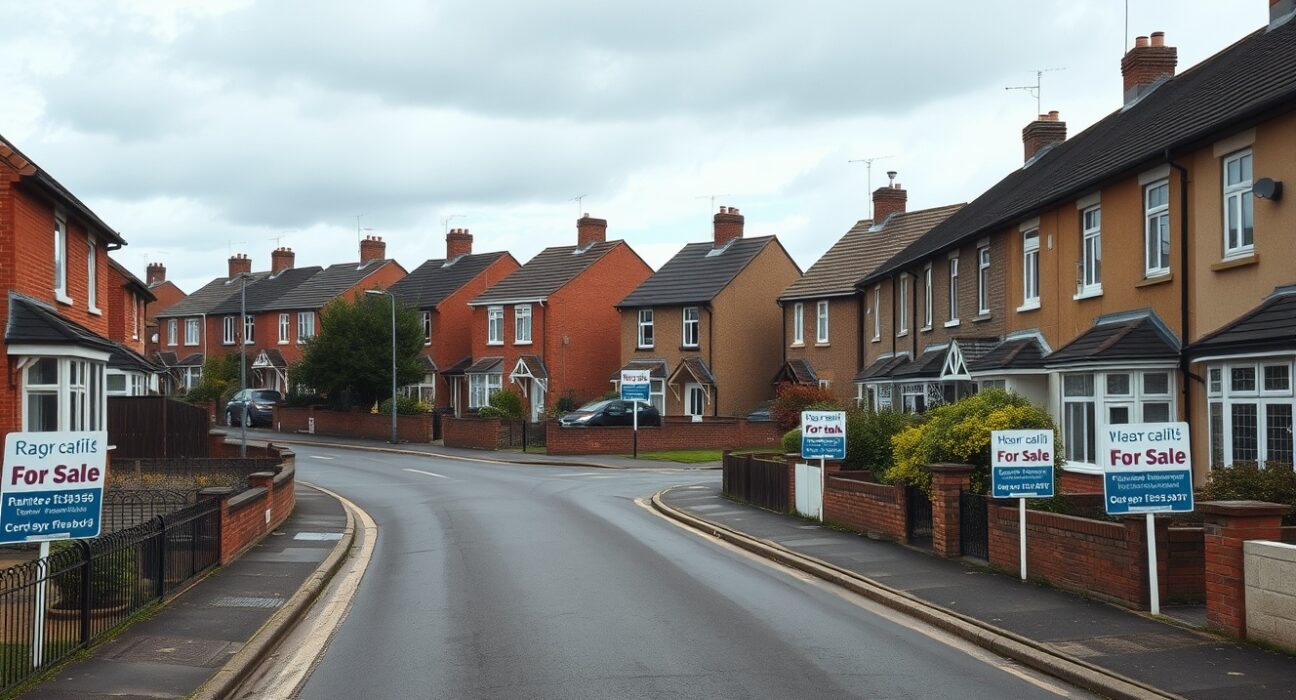 UK residential street with For Sale signs, reflecting housing market conditions in August.