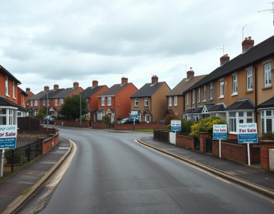 UK residential street with For Sale signs, reflecting housing market conditions in August.