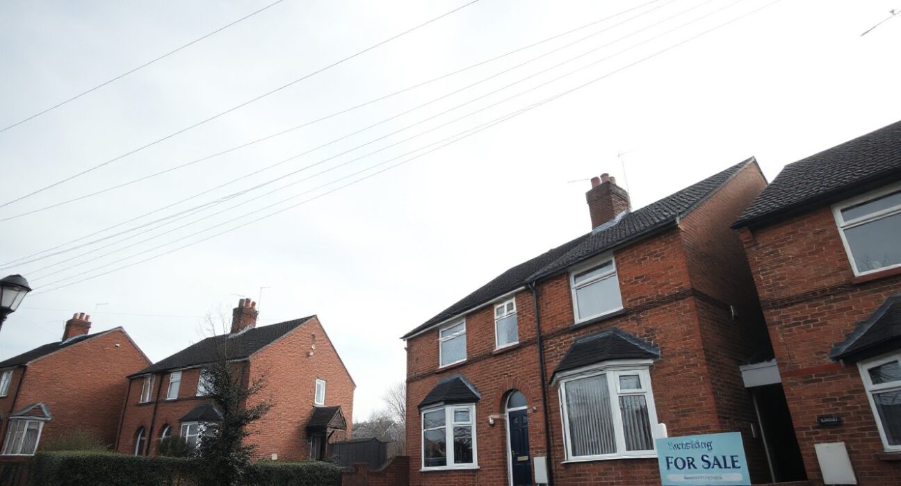UK residential street with terraced houses and a for-sale sign, illustrating flat house price data for July