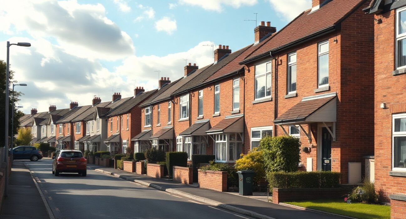 British terraced houses on a sunny street, representing UK property market trends