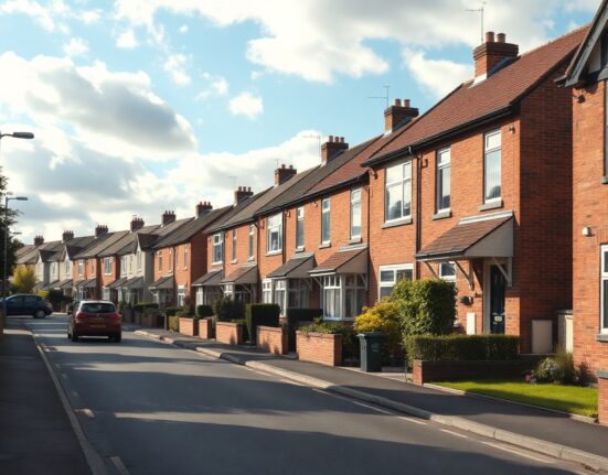 British terraced houses on a sunny street, representing UK property market trends