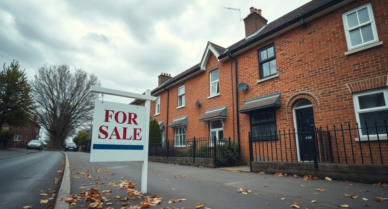 A 'For Sale' sign outside a terraced house on a cloudy UK residential street, reflecting a cooling property market.