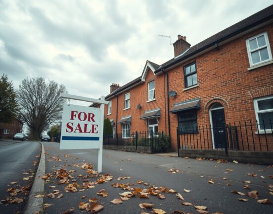 A 'For Sale' sign outside a terraced house on a cloudy UK residential street, reflecting a cooling property market.