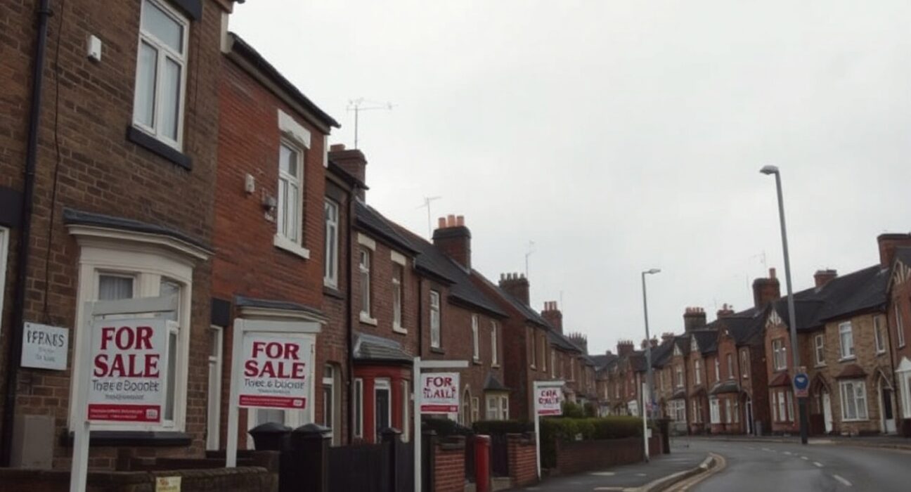 Residential street in the UK with multiple For Sale signs under overcast sky, reflecting housing market slowdown.