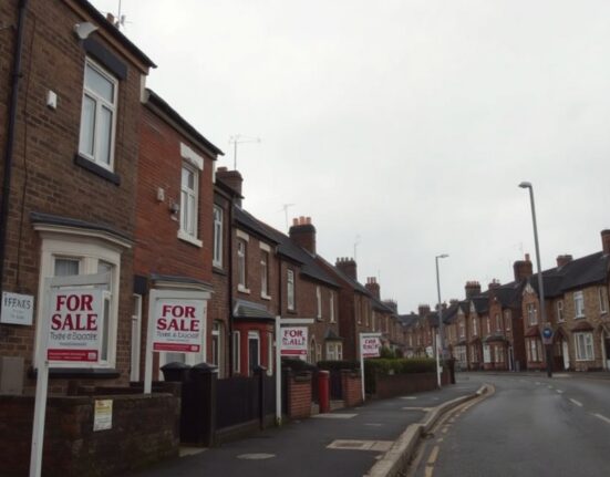 Residential street in the UK with multiple For Sale signs under overcast sky, reflecting housing market slowdown.
