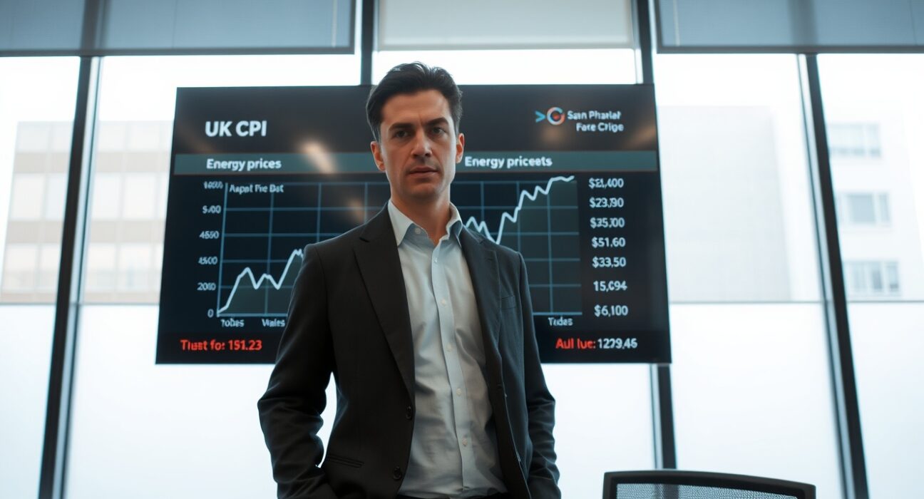 Analyst monitoring UK inflation chart with energy price surge projection in London office