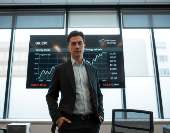 Analyst monitoring UK inflation chart with energy price surge projection in London office