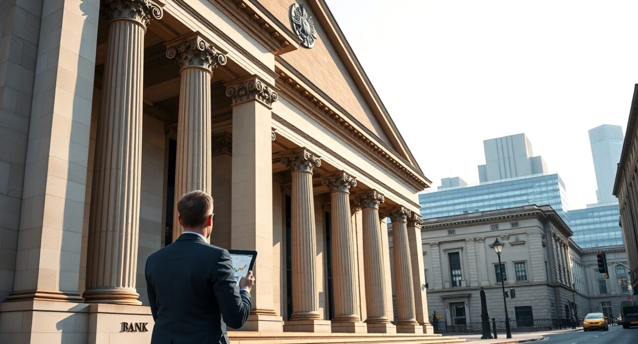 Bank of England building with analyst reviewing economic data on stalling UK inflation.
