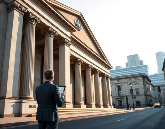 Bank of England building with analyst reviewing economic data on stalling UK inflation.