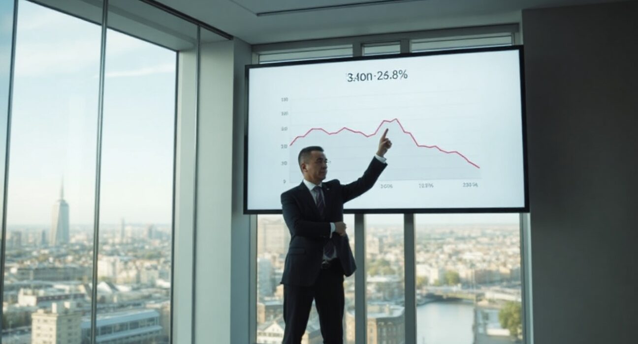 Economist analyzing UK inflation data on a digital screen in a London office.