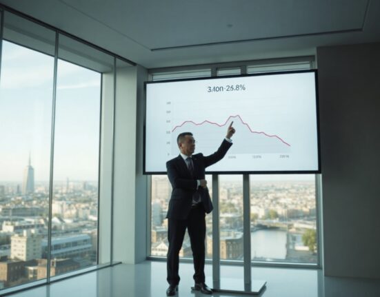 Economist analyzing UK inflation data on a digital screen in a London office.