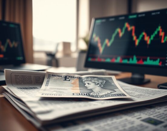 British pound banknote on financial newspaper with cooling inflation data