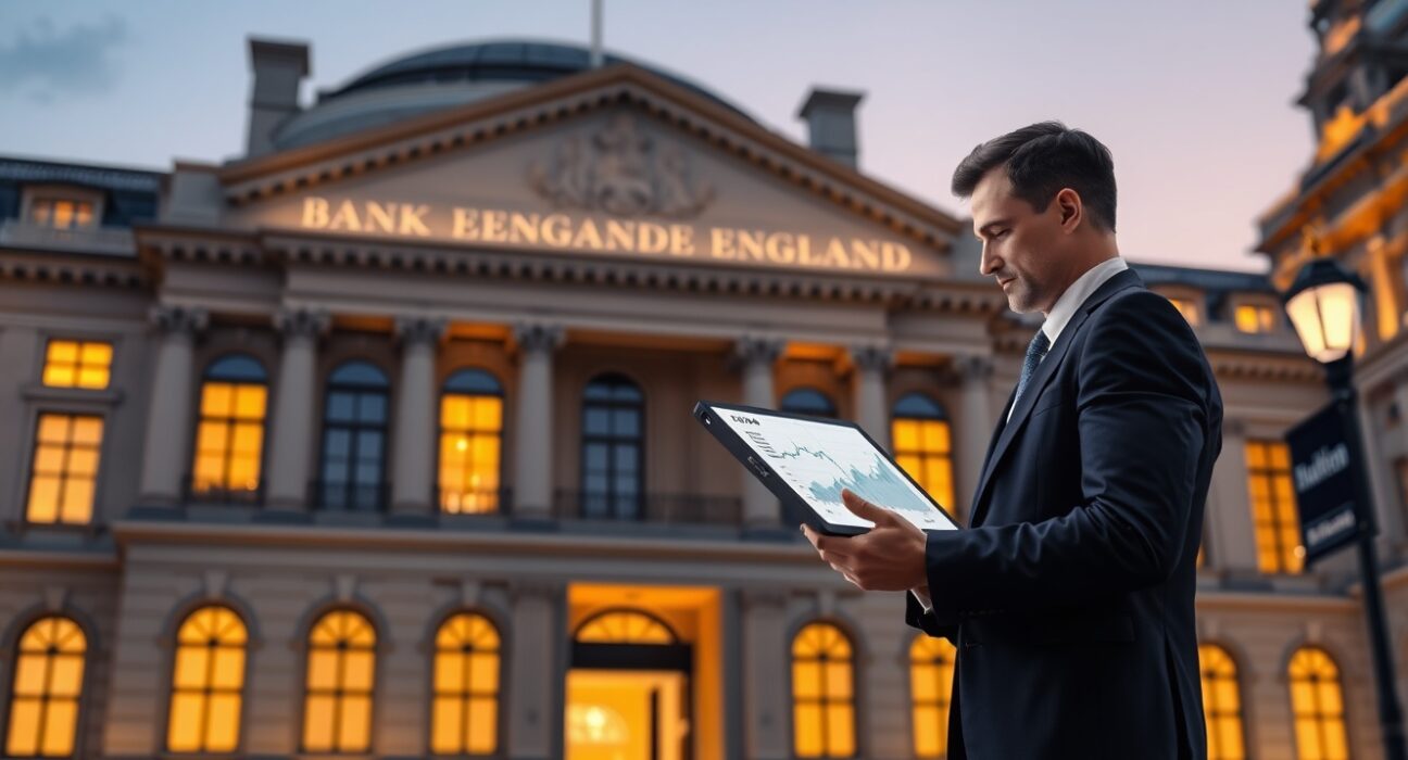 Economist analyzes UK inflation data outside Bank of England building, highlighting monetary policy decisions