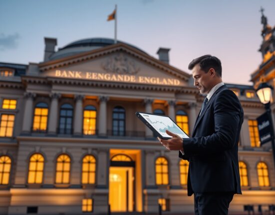 Economist analyzes UK inflation data outside Bank of England building, highlighting monetary policy decisions