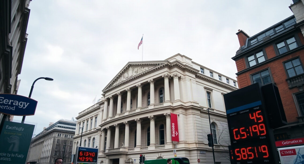 Bank of England building in London, representing UK monetary policy amid inflation rise.