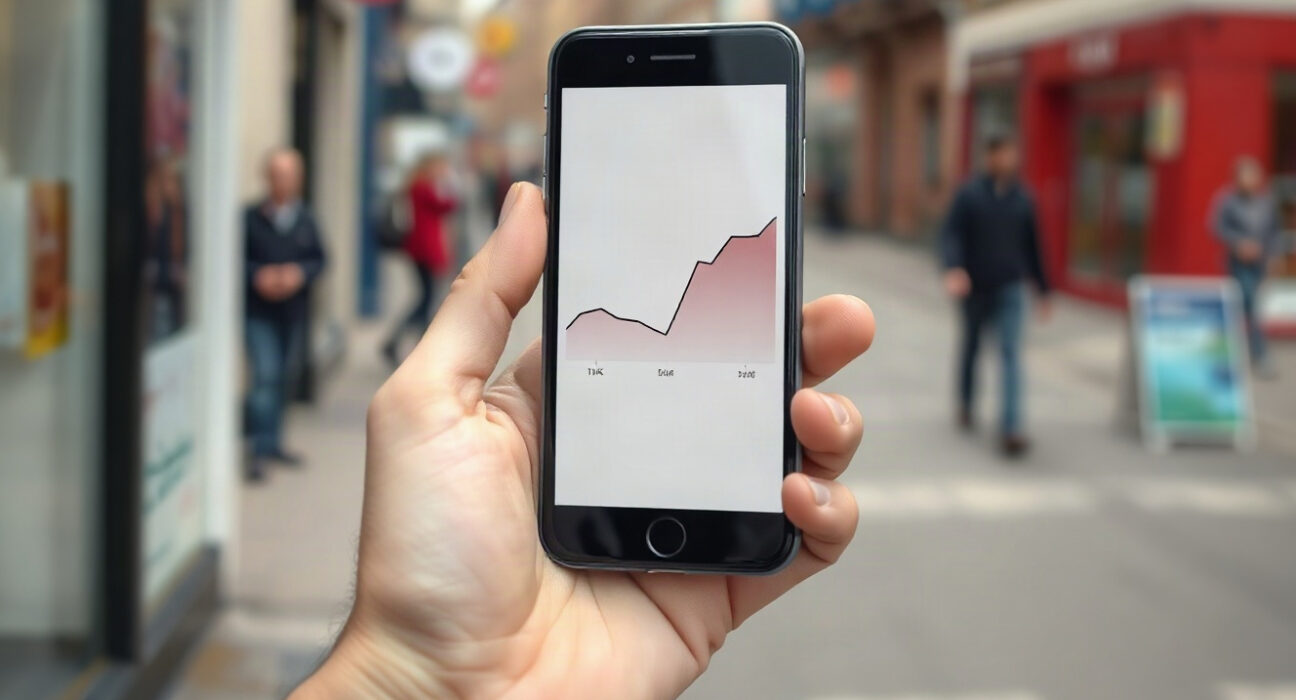 UK inflation chart on smartphone with high street background