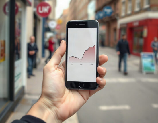 UK inflation chart on smartphone with high street background