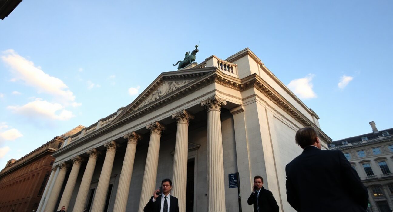 Bank of England building in London on a clear day, symbolizing monetary policy decisions.
