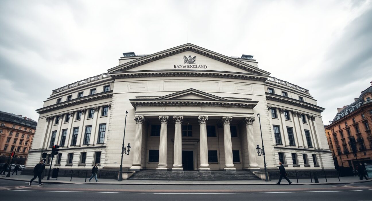 Bank of England building on a cloudy day in London's financial district